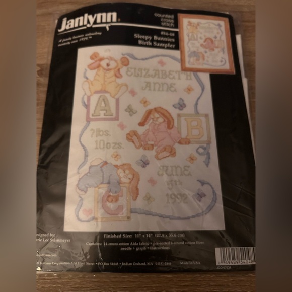 Janlynn Sleepy Bunnies Birth Sampler Counted Cross Stitch Kit New Open Package - Picture 2 of 4